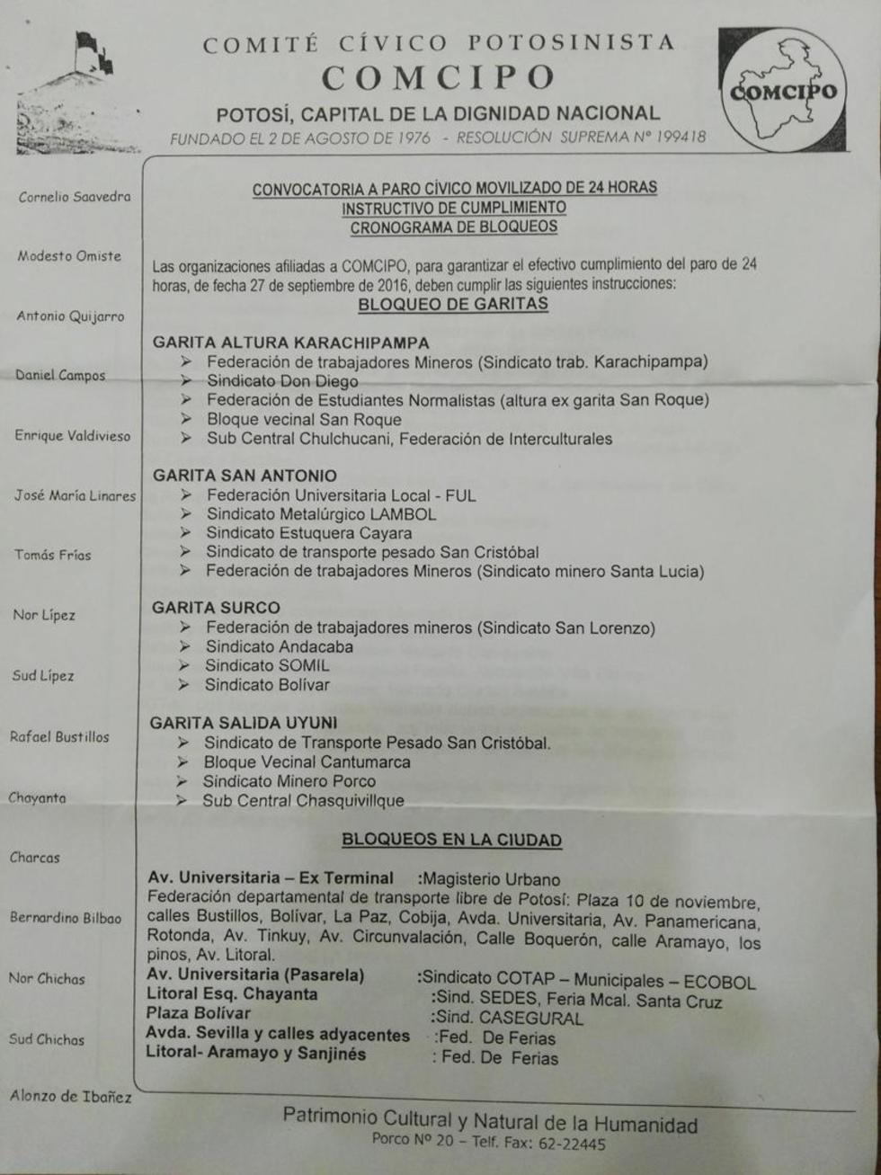 Los cívicos ratifican el paro de 24 horas para este martes 27