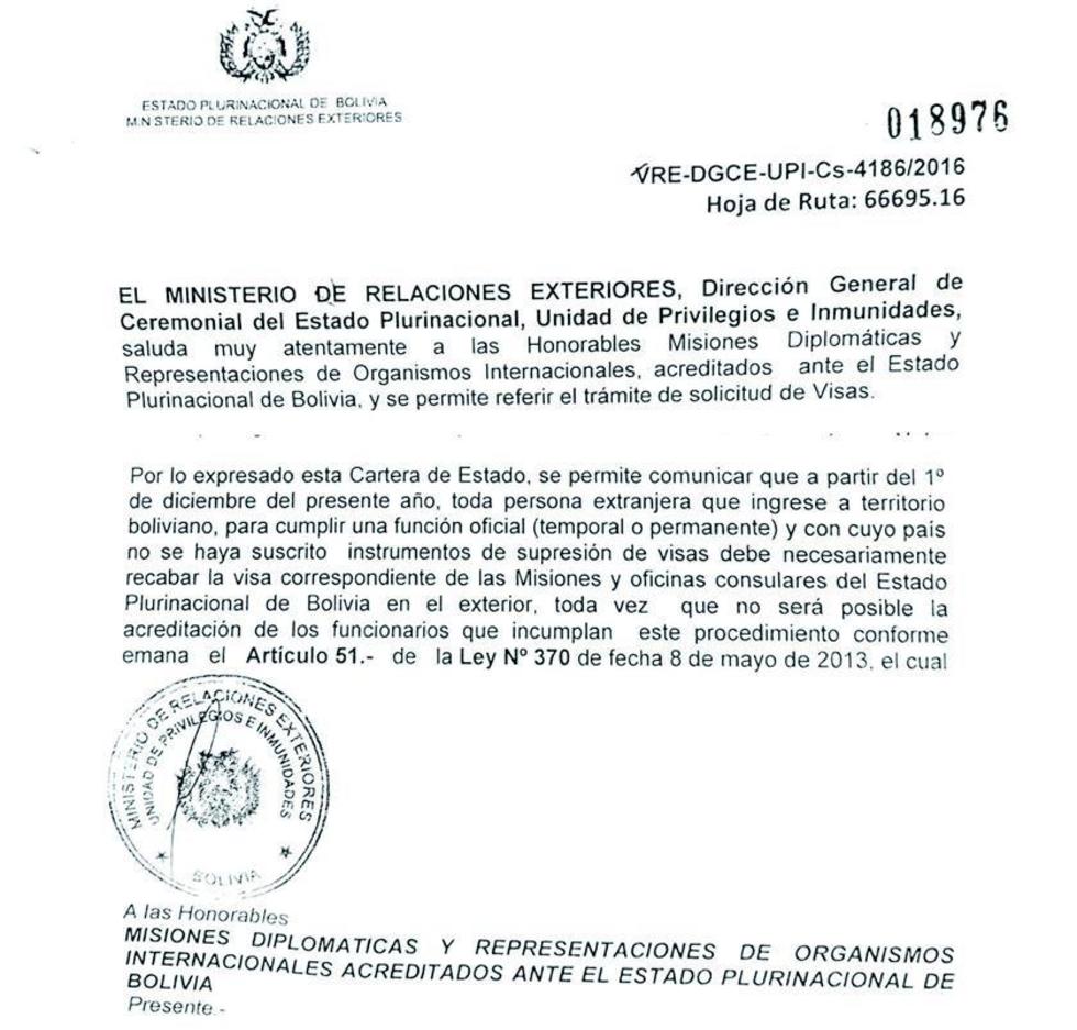 Endurecen las normas para los diplomáticos que ingresen a Bolivia