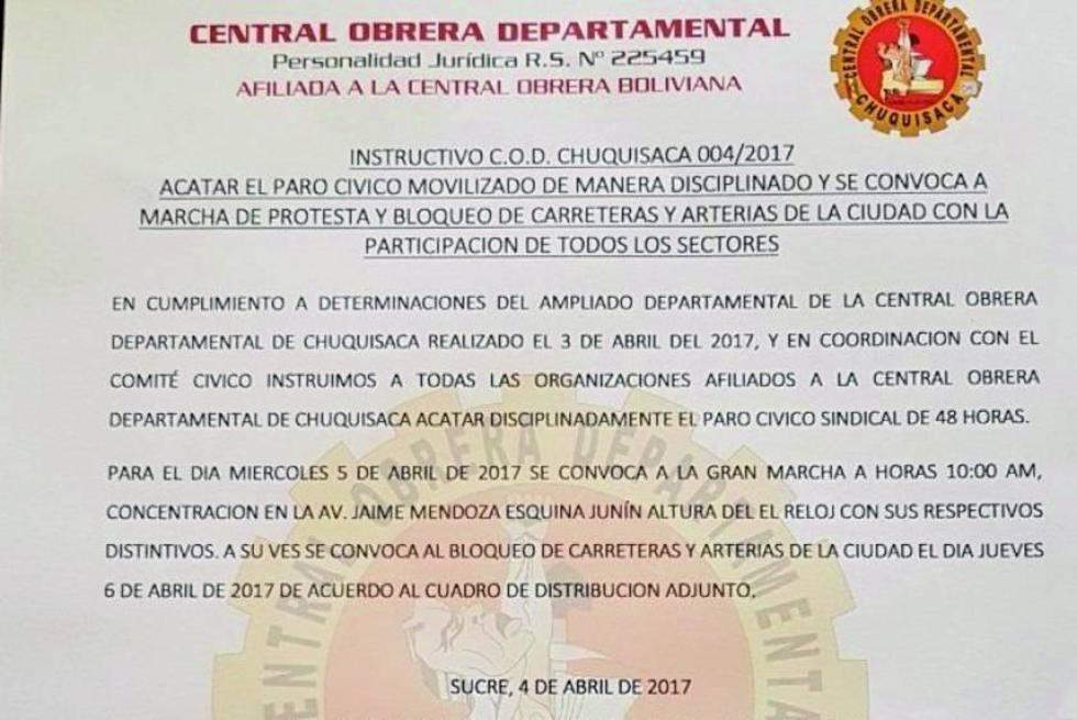 COD de Chuquisaca bloqueará vías al Departamento de Potosí