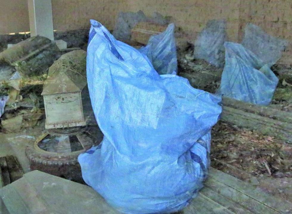 Los restos humanos son puestos en bolsas
