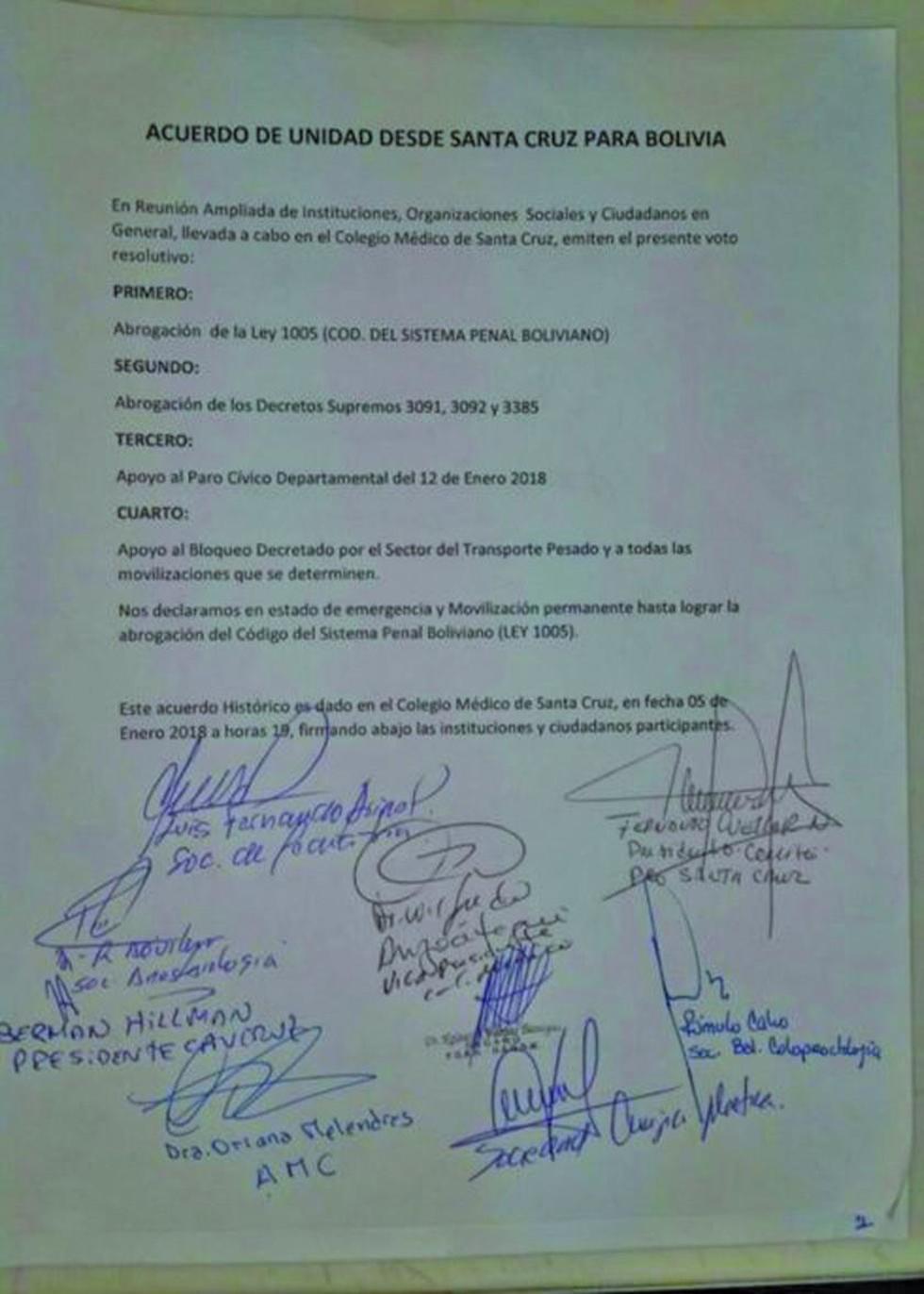 Firman pacto de unidad de Santa Cruz para Bolivia