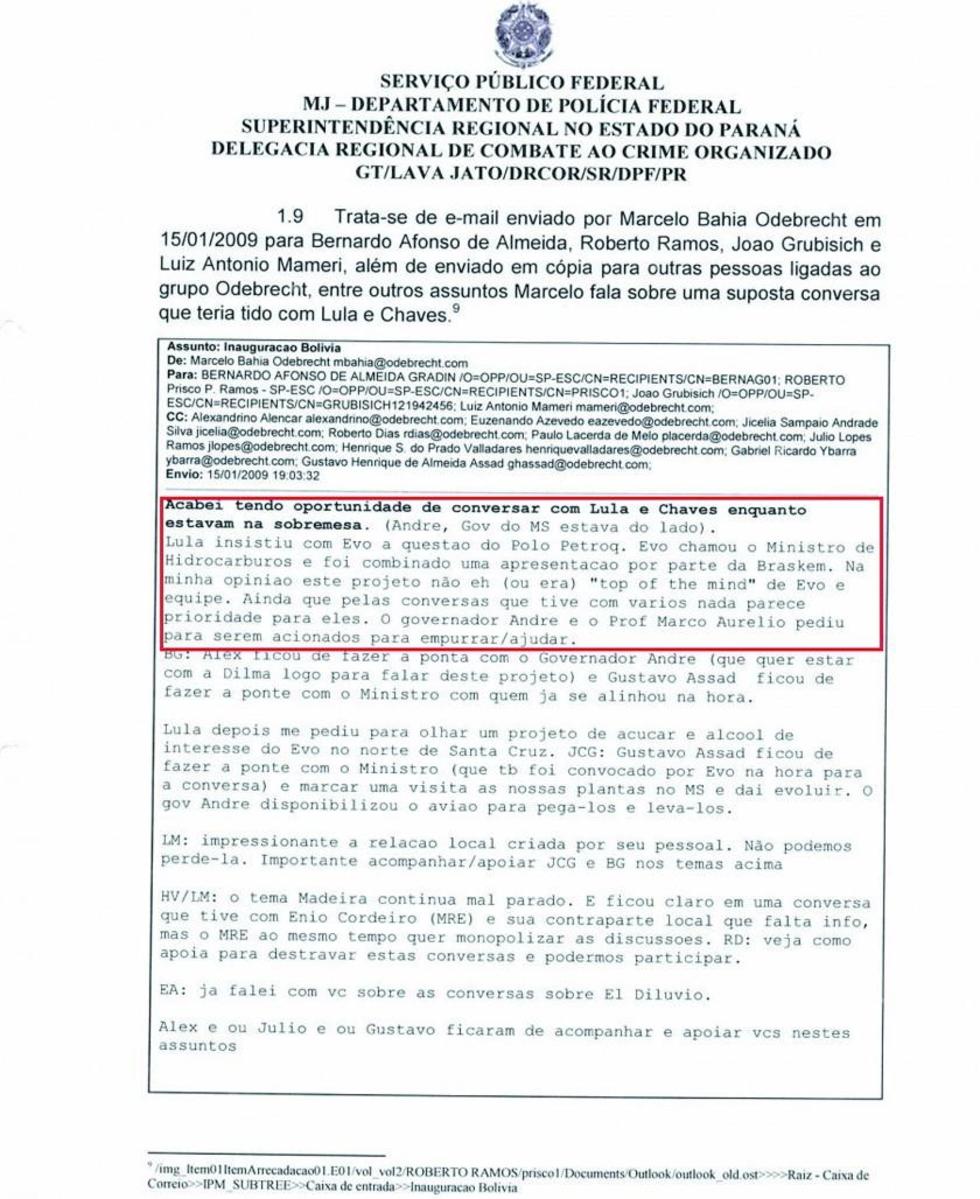 Email de Odebrecht menciona a Evo en plan de negocios vía Lula