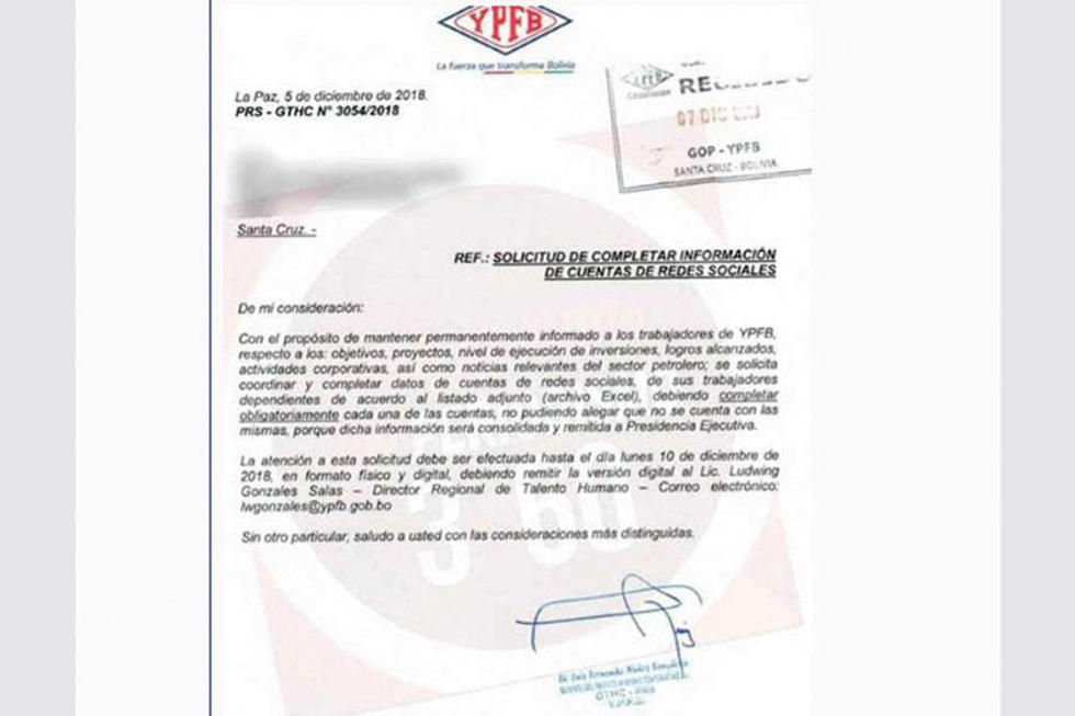 YPFB pide a su personal sus cuentas de redes sociales