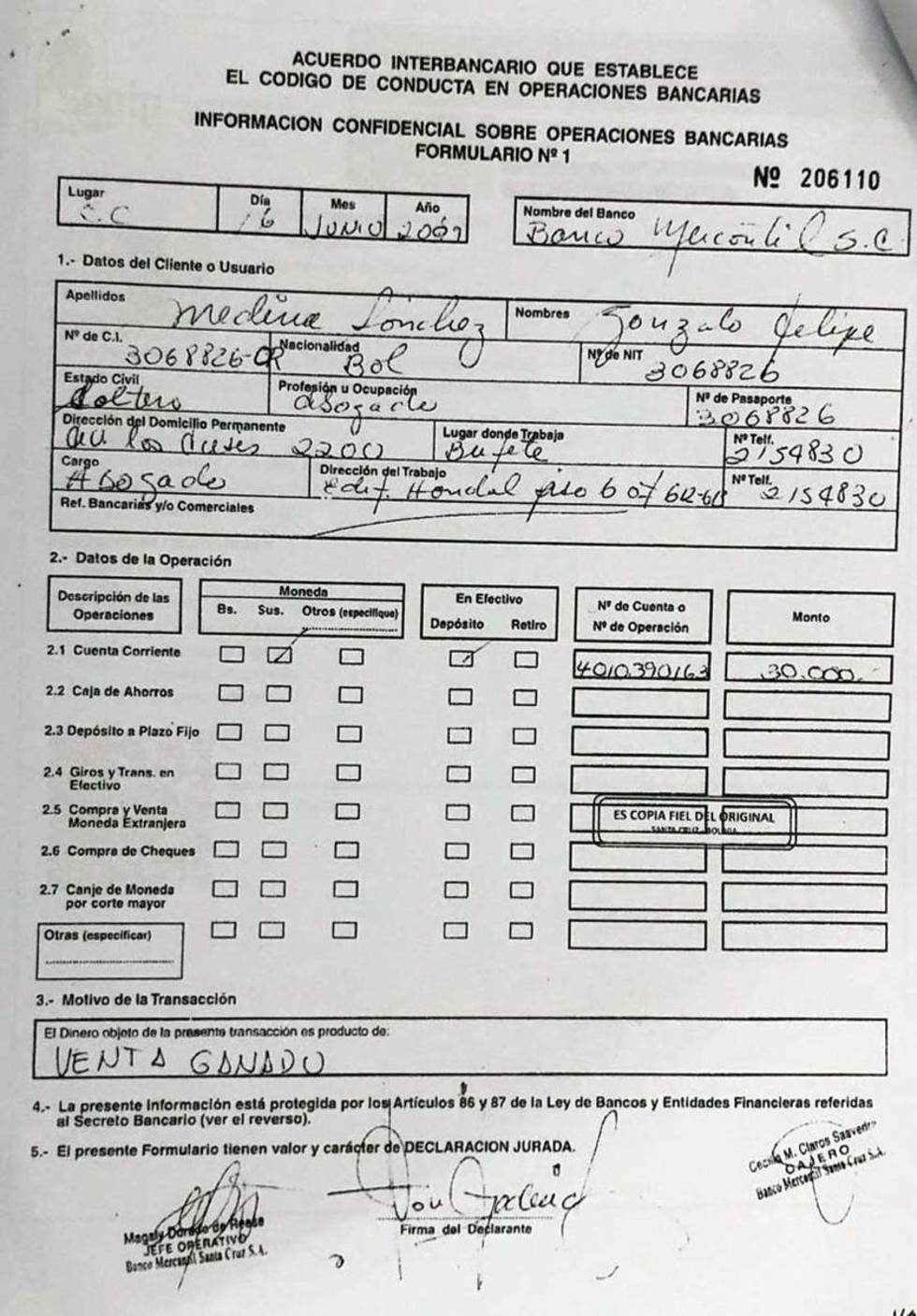 Revelan que excoronel Medina depositó 30 mil dólares a Carlos Mesa