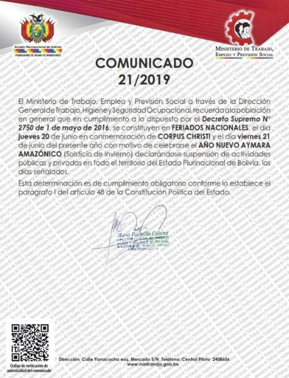 Confirman feriados de este jueves y viernes 