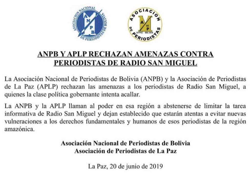 ANP y APLP rechazan las amenazas en contra de Radio San Miguel