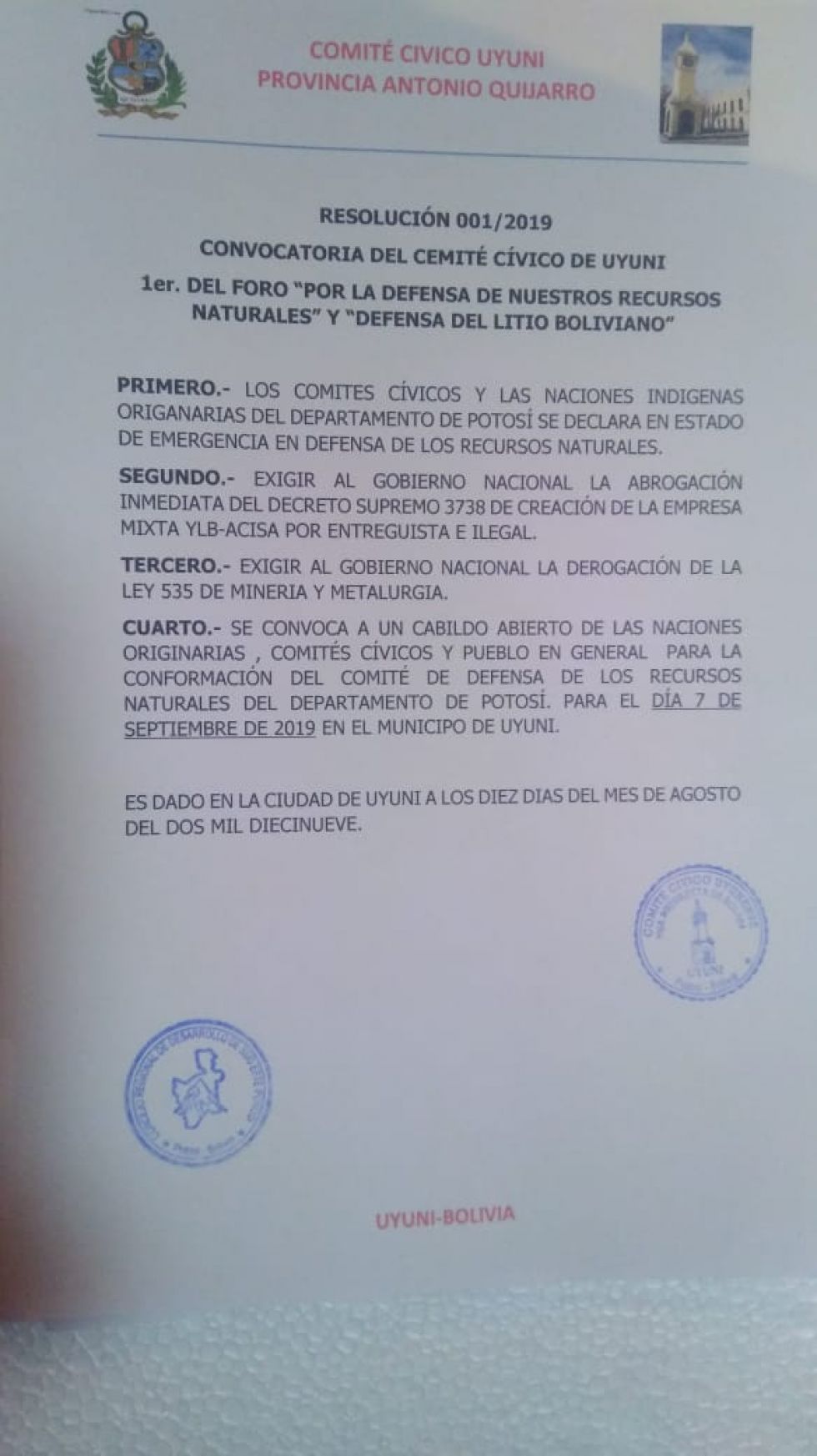 Declaran estado de emergencia en defensa del litio