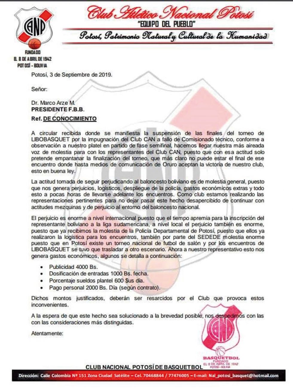 Clubes potosinos piden resarcimiento económico a la FBB 
