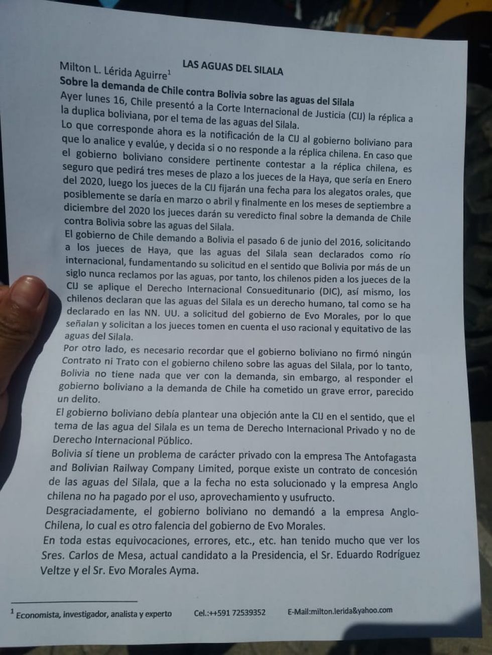 Asesor de Comcipo sostiene que veredicto sobre el Silala se dará a conocer en 2020