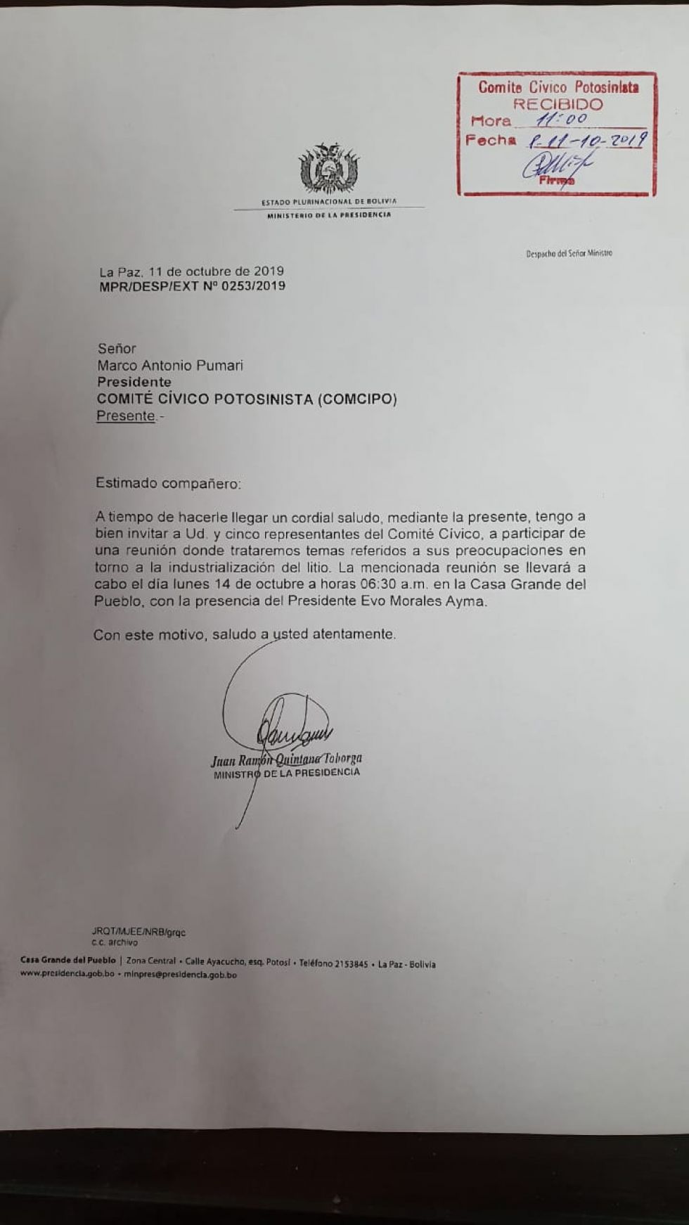Quintana habla sobre el diálogo con comcipo