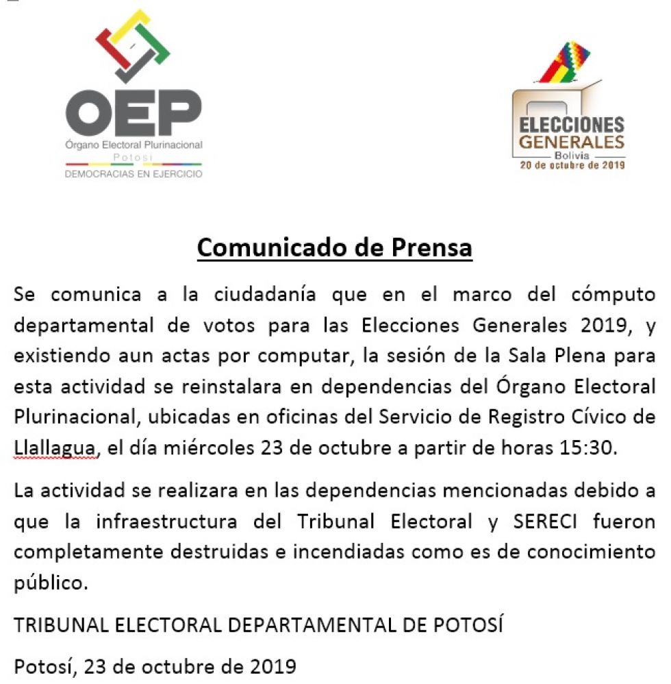 URGENTE: Tribunal electoral se lleva el cómputo departamental a Llallagua