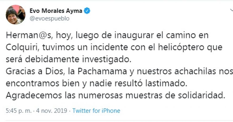 Incidente con helicóptero: Evo afirma que está bien y anuncia investigación