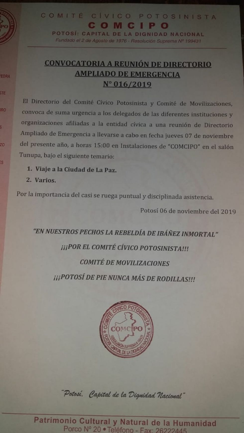 Comcipo planificará viaje a La Paz con las instituciones