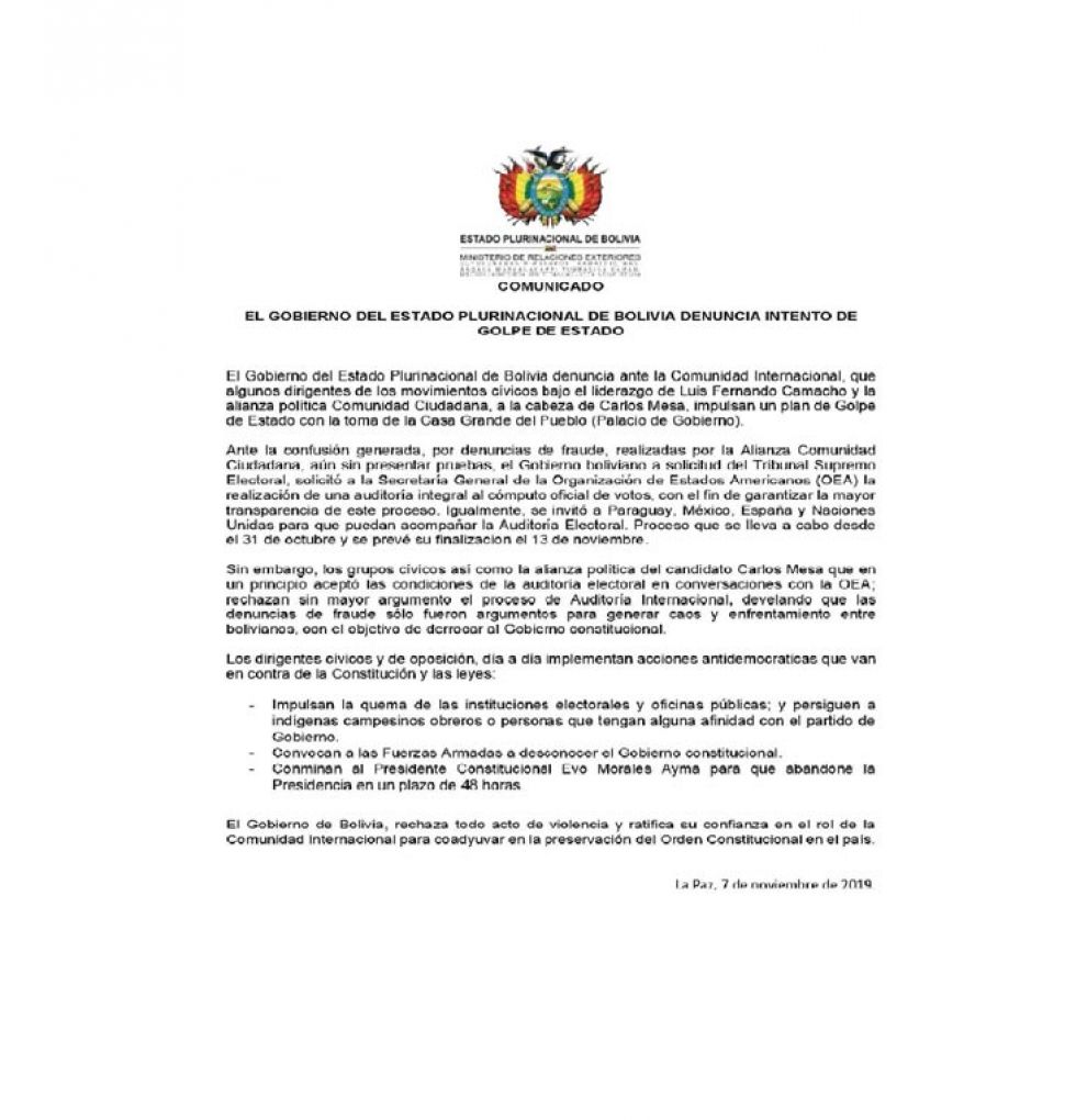 El Gobierno denuncia a la comunidad internacional sobre un golpe de Estado