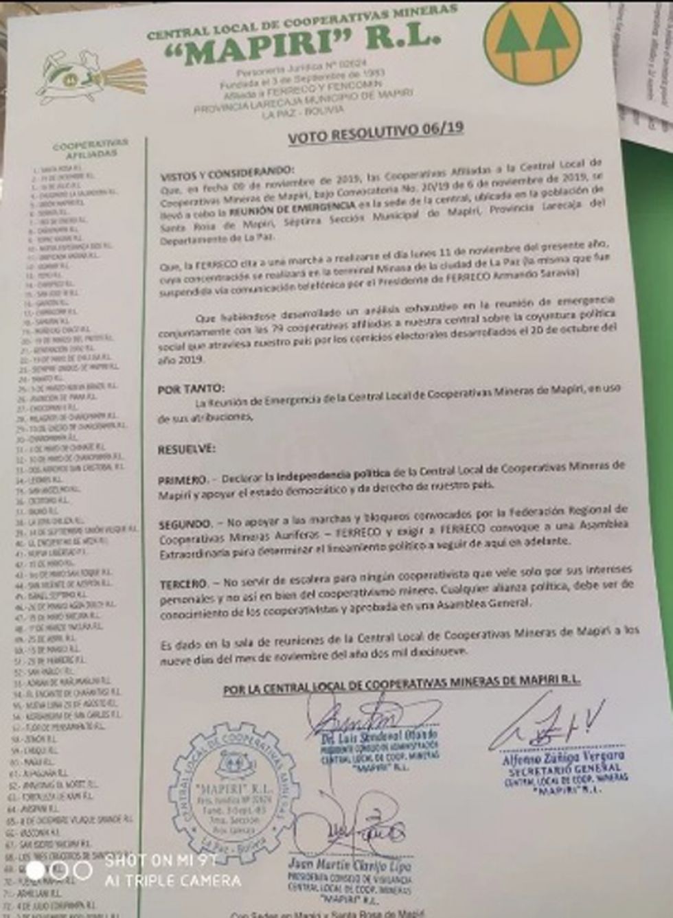 Cooperativas mineras de Mapiri "se amotinan"