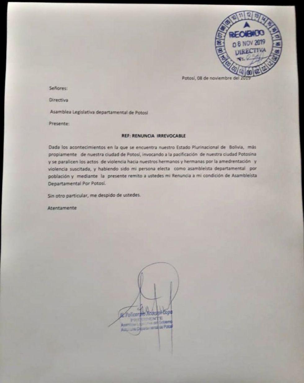 Policarpio Acarapi presenta su renuncia a la Asamblea