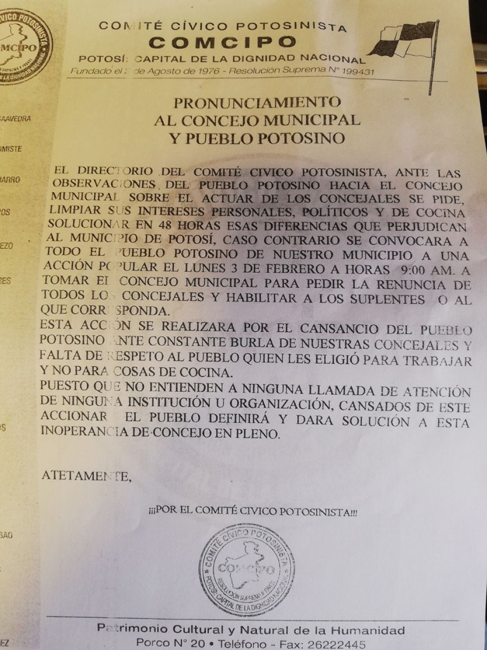Comcipo advierte toma del Concejo Municipal de Potosí