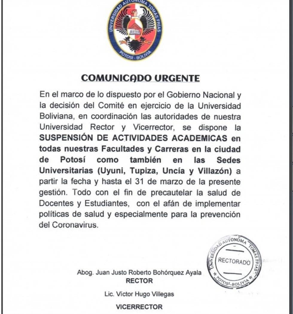 Universidad Tomás Frías suspende labores académicas