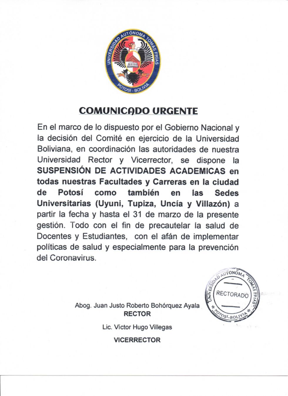 UATF suspende clases hasta el 31 de marzo