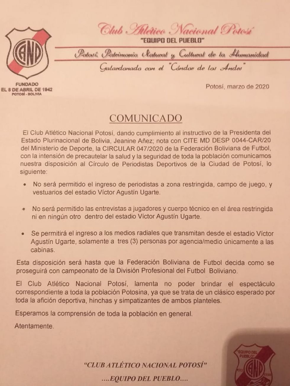 Nacional Potosí emite disposiciones para el partido de mañana