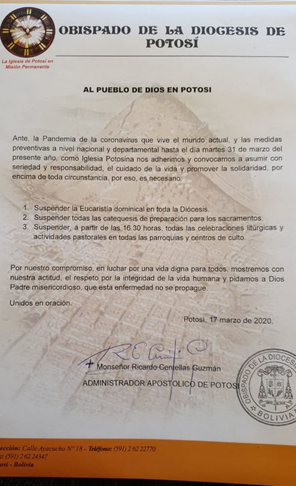 Iglesia católica suspende misa dominical en prevención del COVID-19