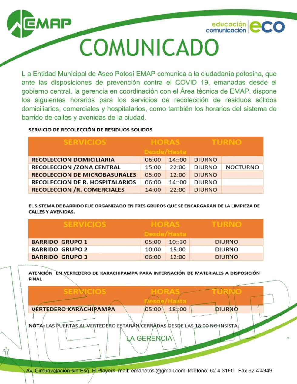 EMAP modifica horario de recojo de basura