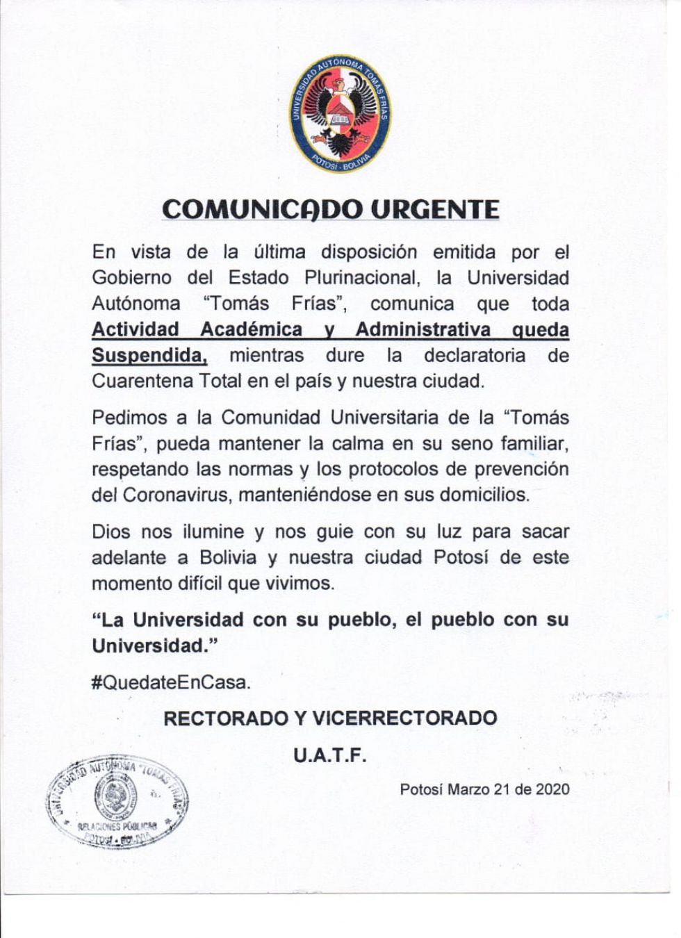 La UATF suspende toda su actividad académica y administrativa