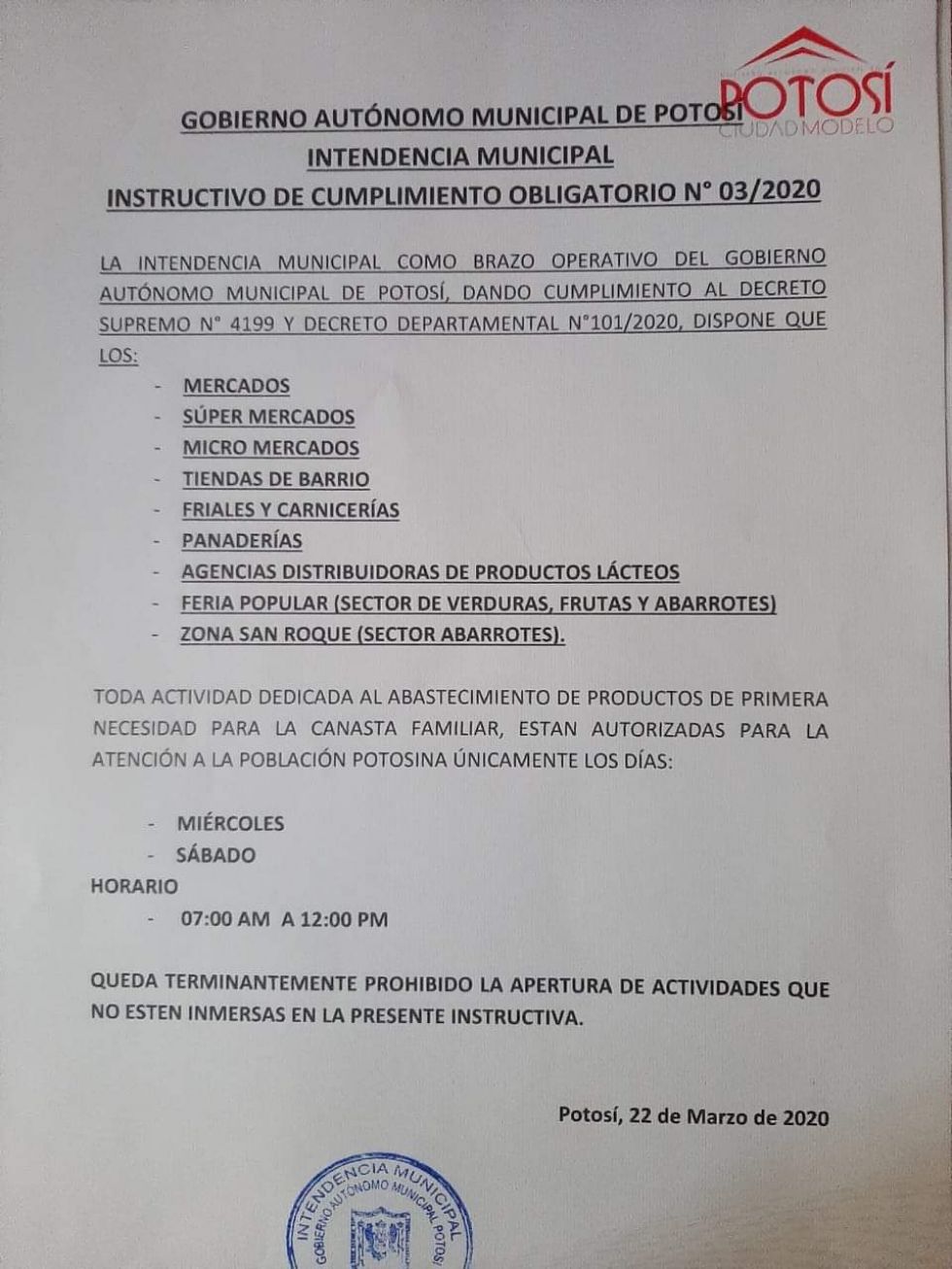 Mercados, tiendas, panaderías y otros solo se abrirán el miércoles y sábado