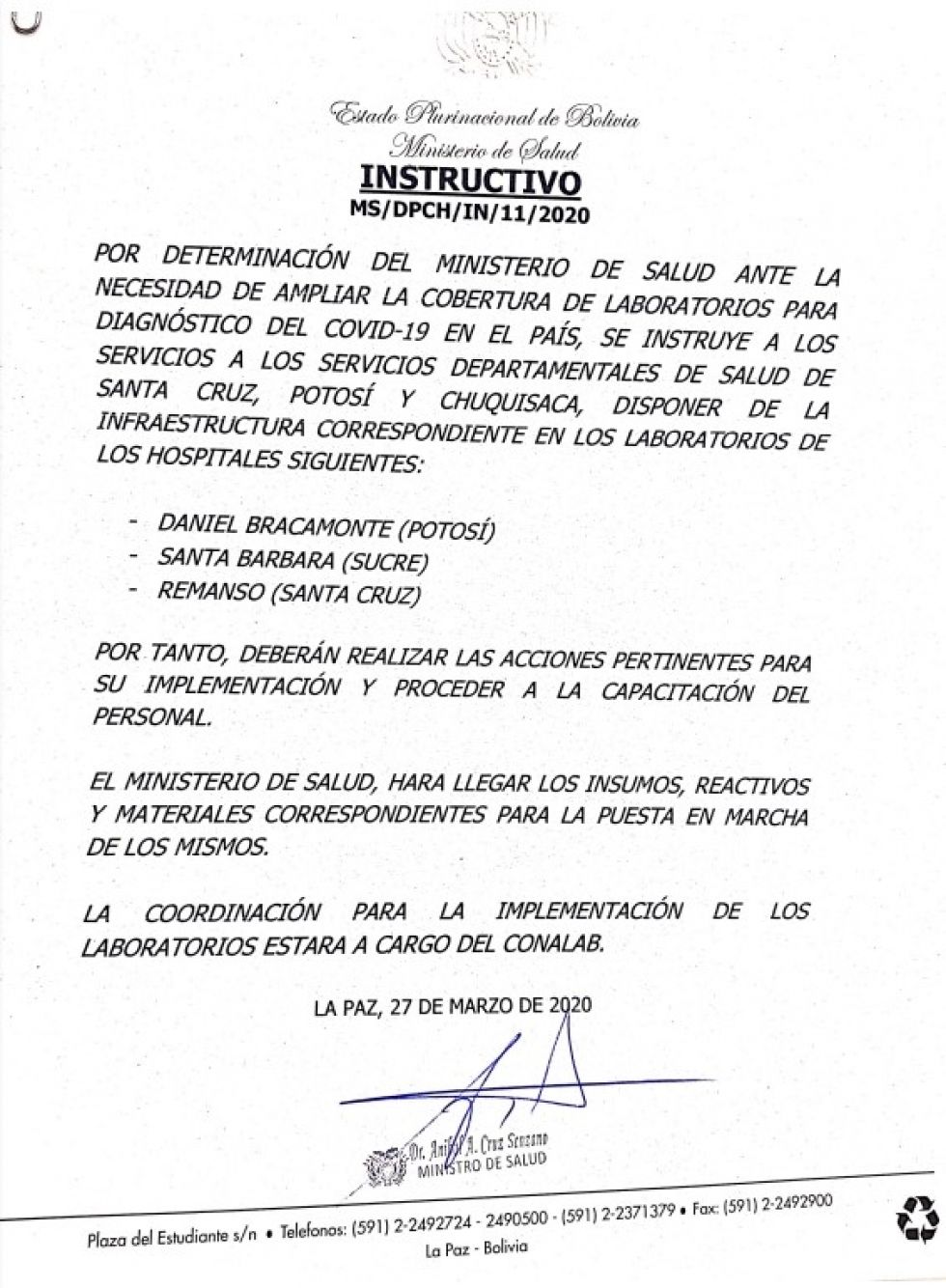 Gobierno instruye implementar laborario en el hospital Bracamonte