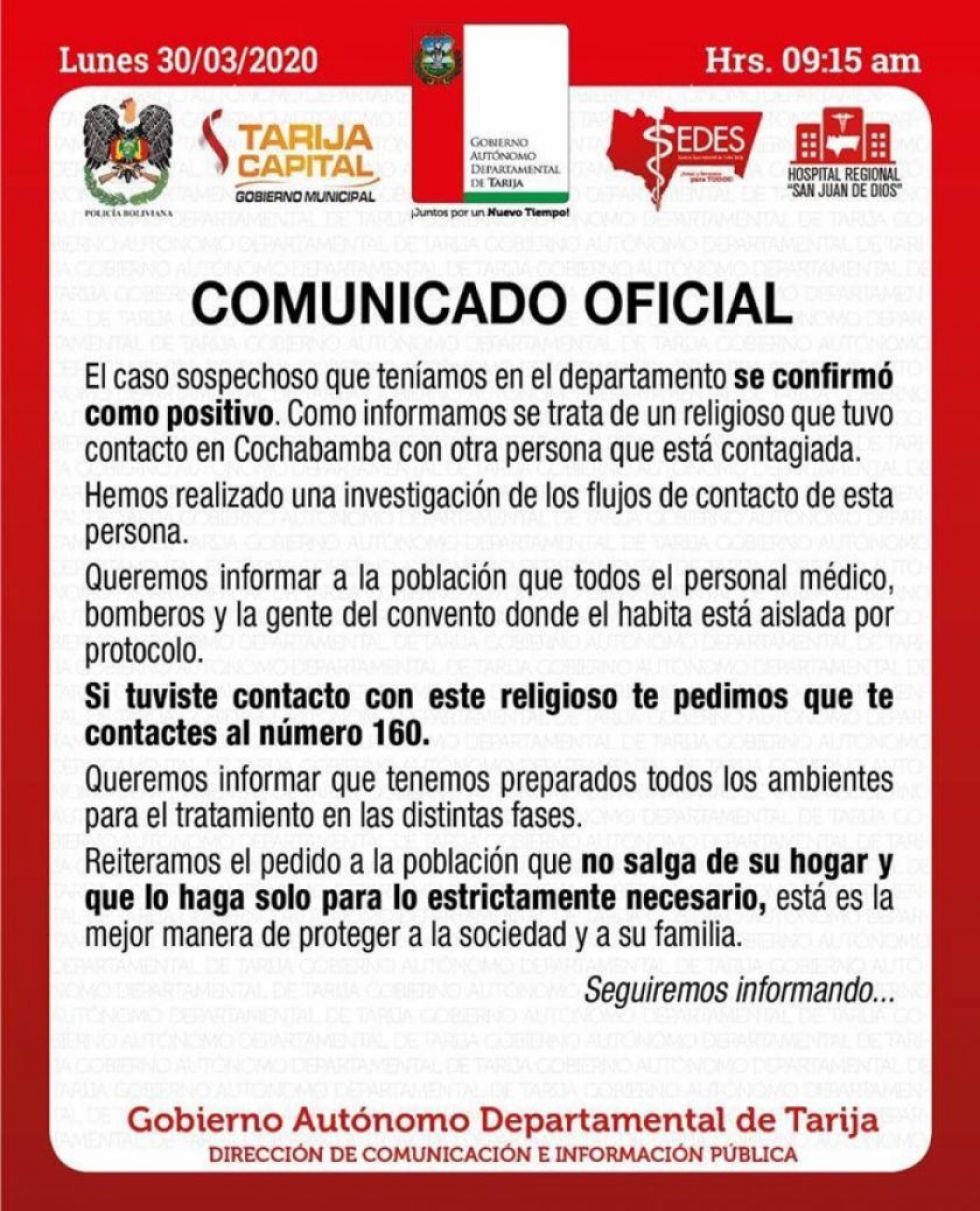 Tarija confirma primer caso de coronavirus