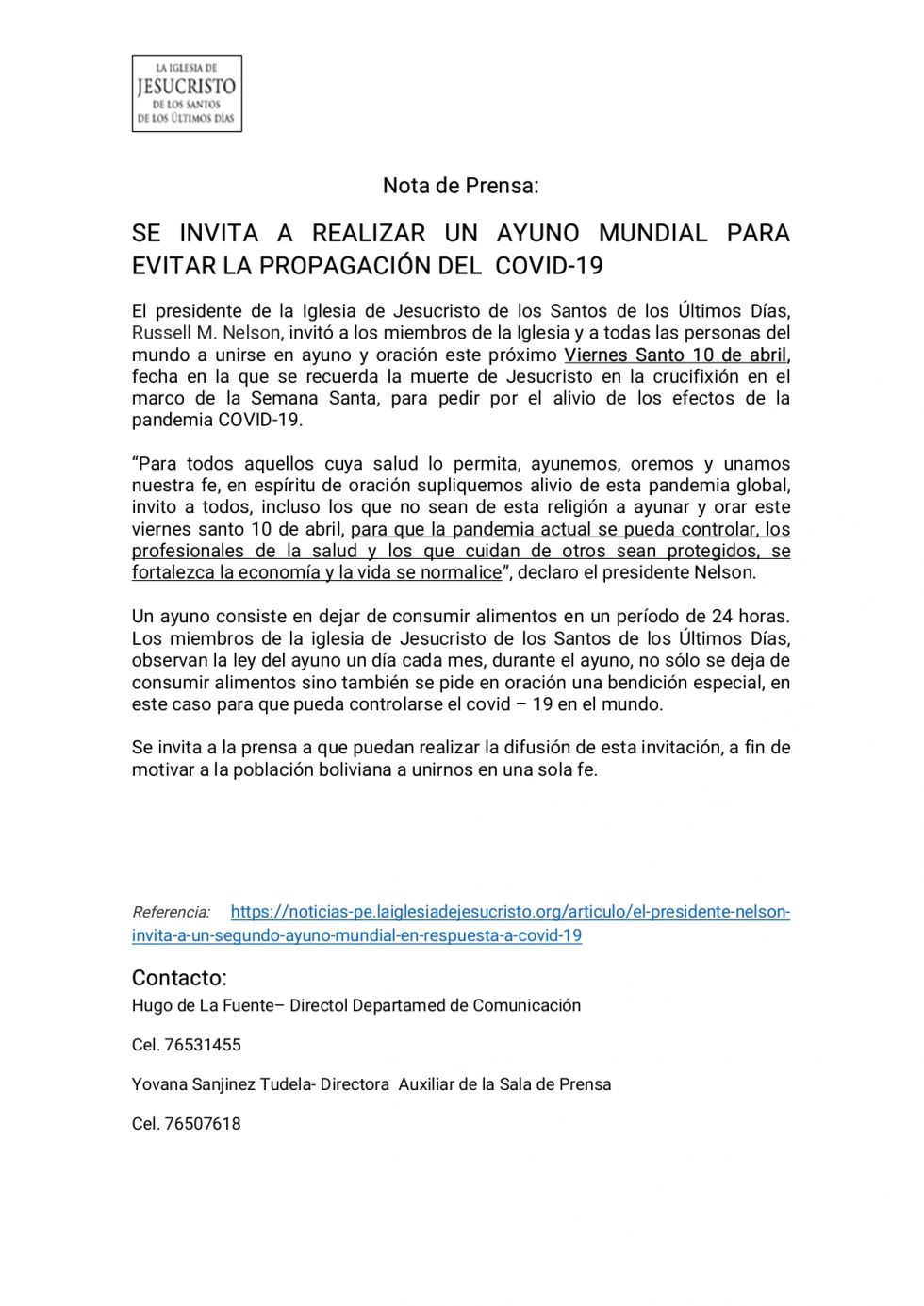 Promueven ayuno mundial contra el coronavirus