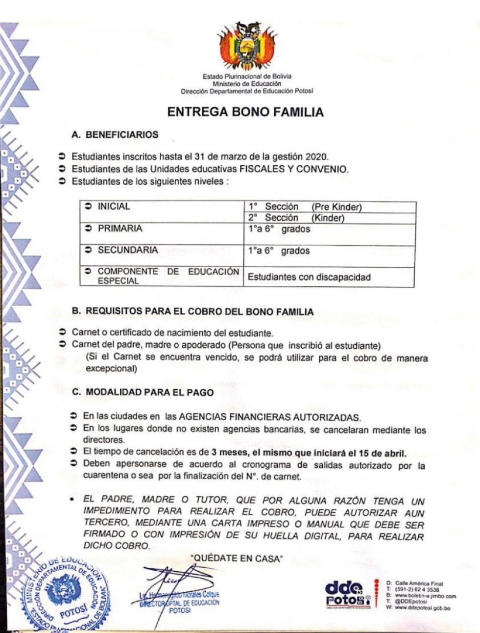 El "Bono Familia" se pagará a partir del 15 de abril en Potosí