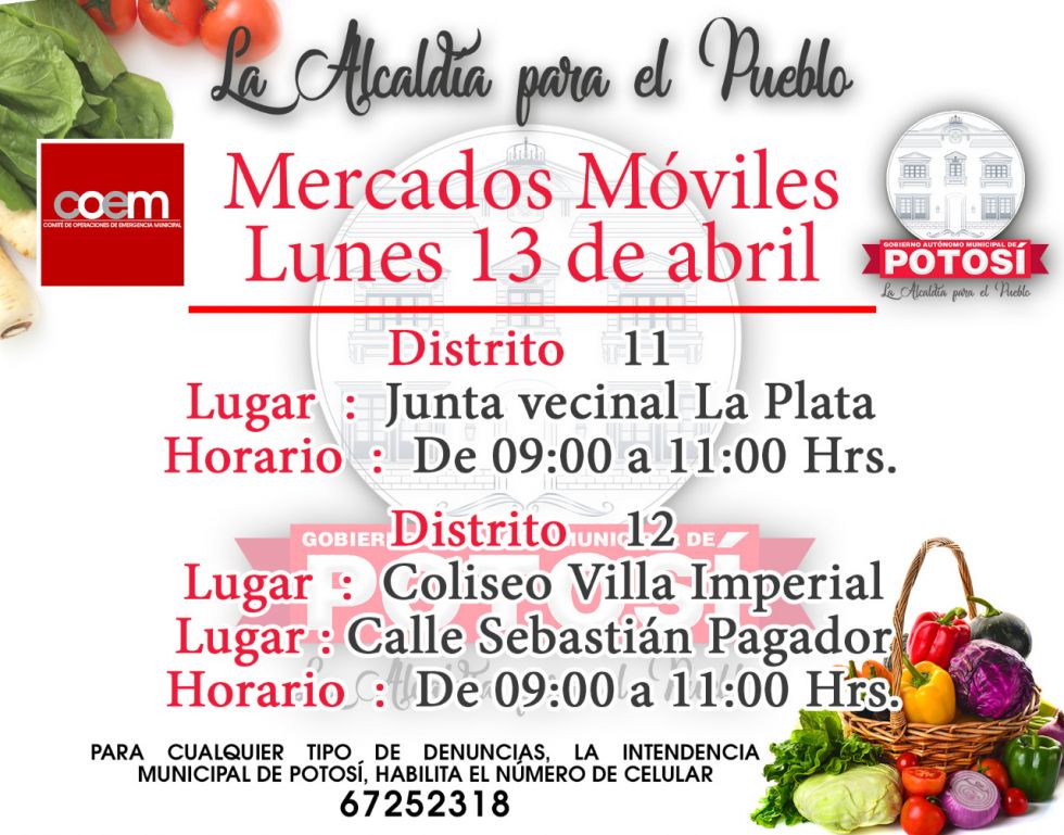 Hay mercados móviles en los distritos 11 y 12 este lunes 13