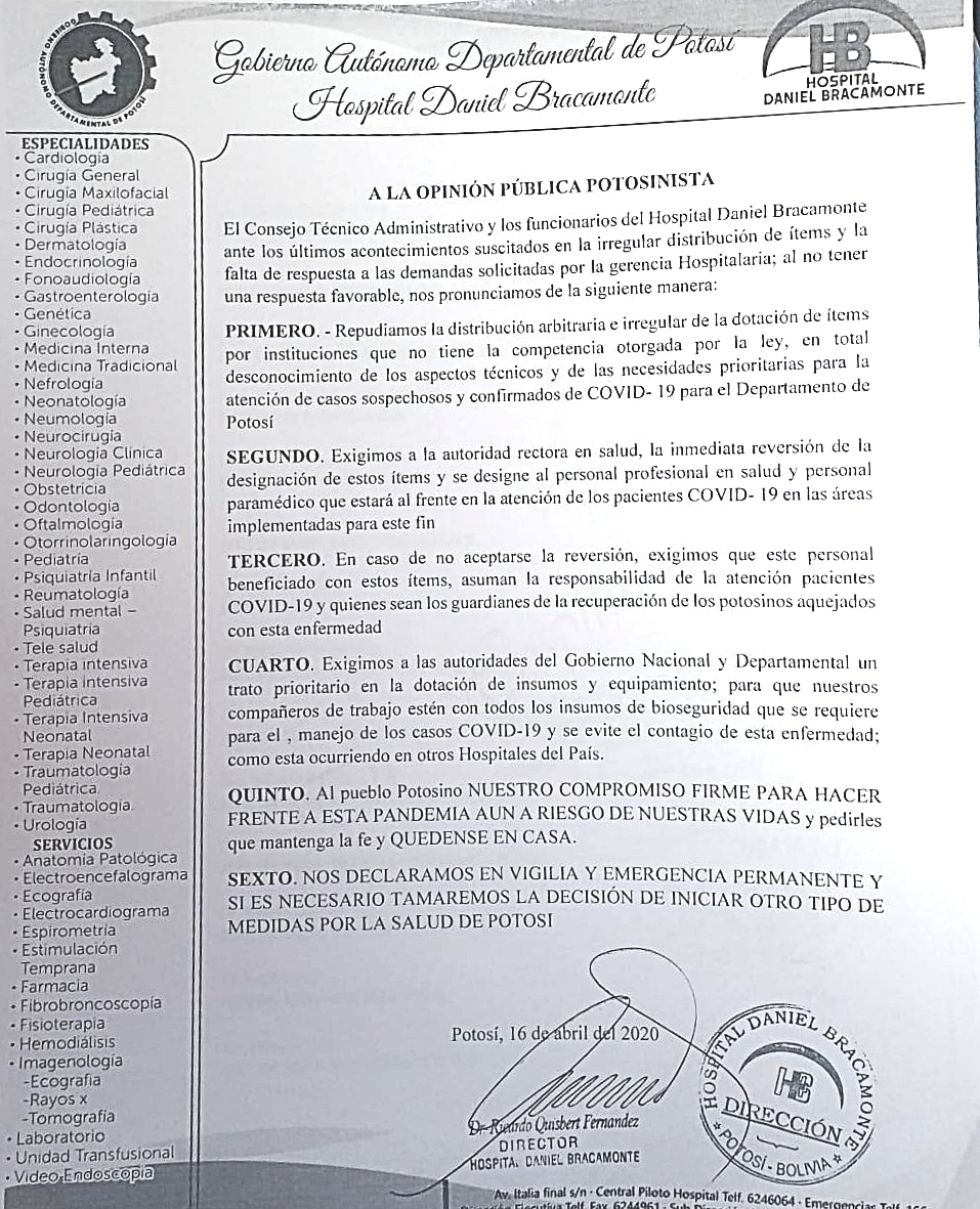 Hospital Daniel Bracamonte se declara en emergencia