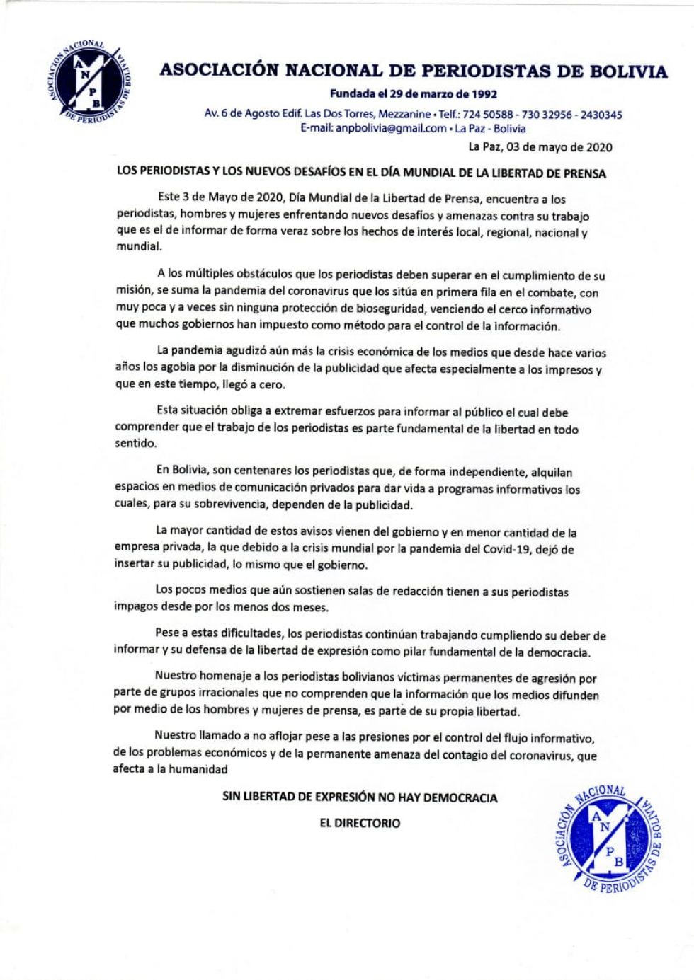 Asociación de Periodistas ratifica defensa de Libertad de Prensa