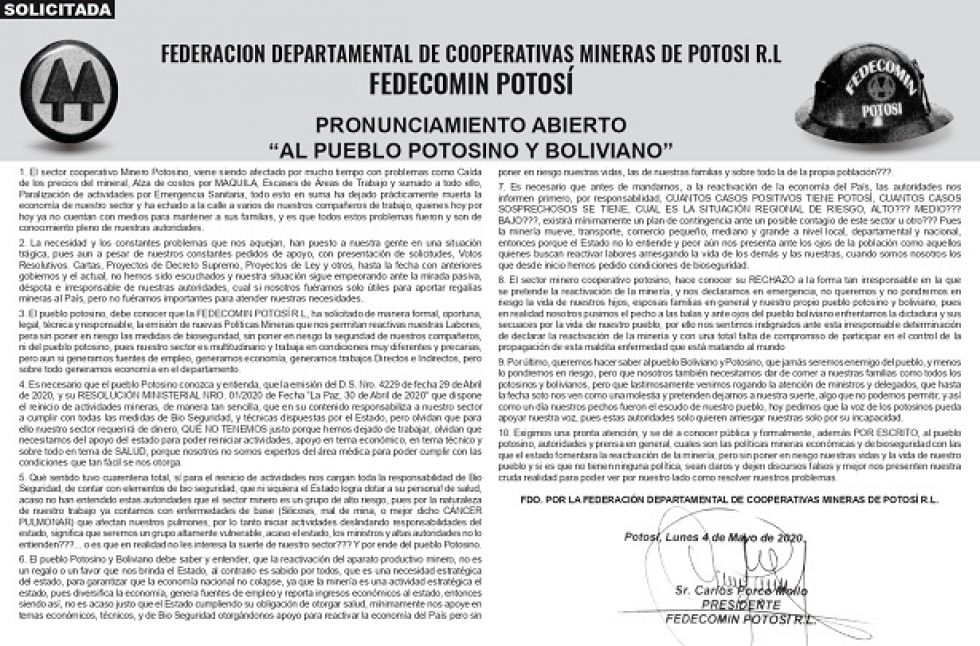 Pronunciamiento de Fedecomin