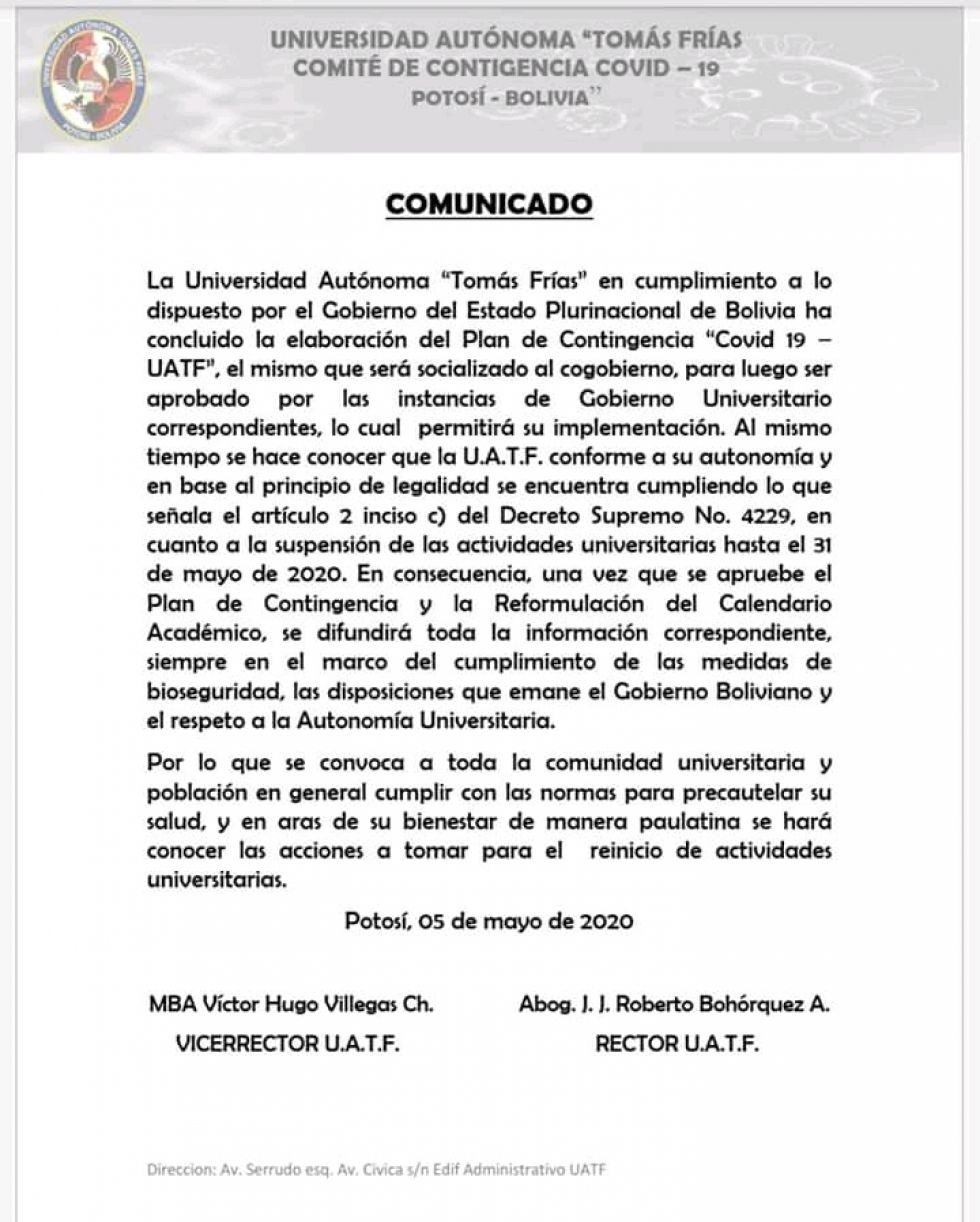 UATF cumple cuarentena total hasta el 31 de mayo