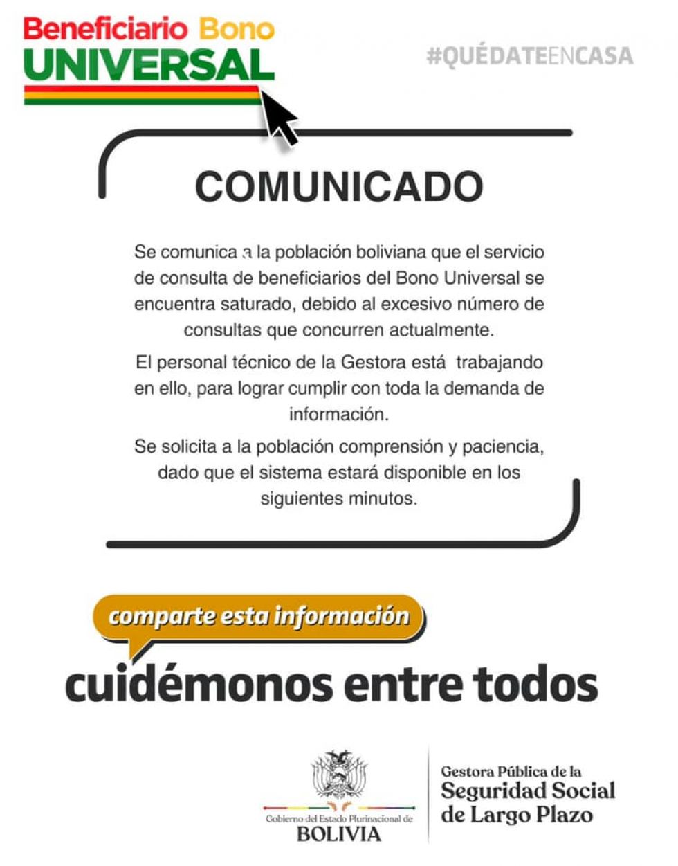 Sitio web para consultas sobre el Bono Universal se saturó y Gestora Pública pide comprensión