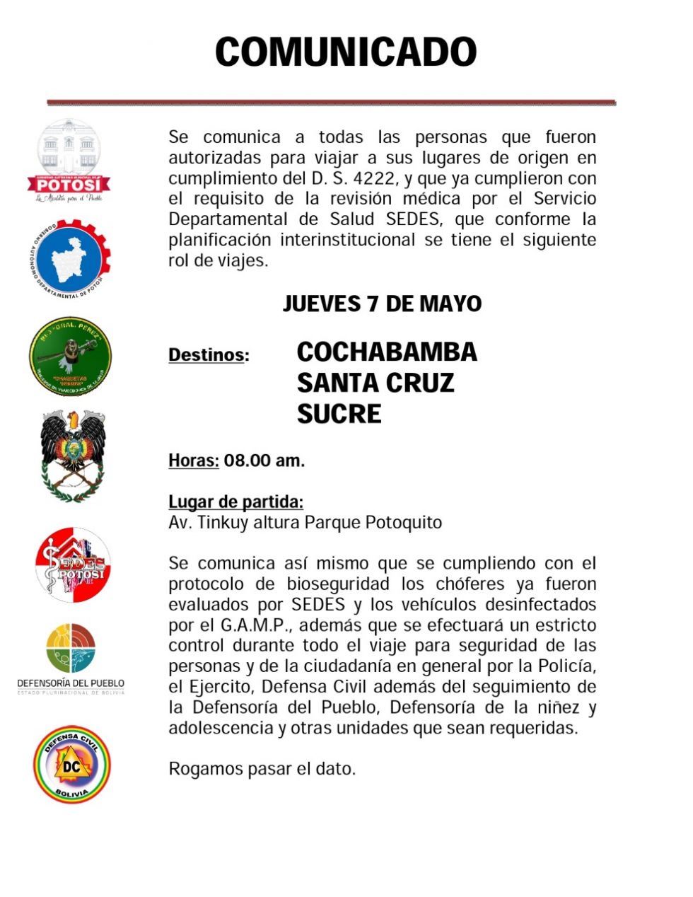 Este jueves  parte un nuevo grupo de viajeros a Sucre, Cochabamba y Santa Cruz