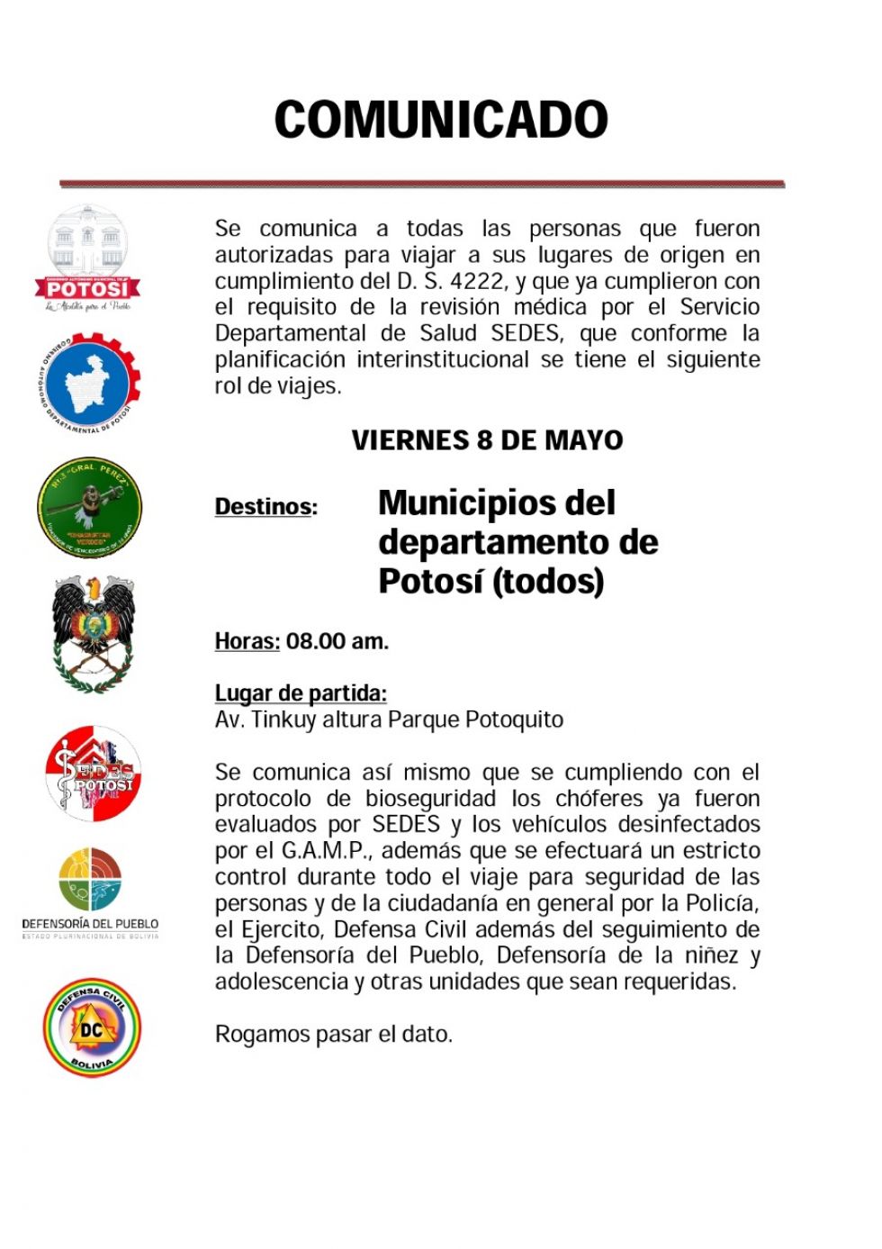 Este viernes parten los viajeros a municipios de Potosí