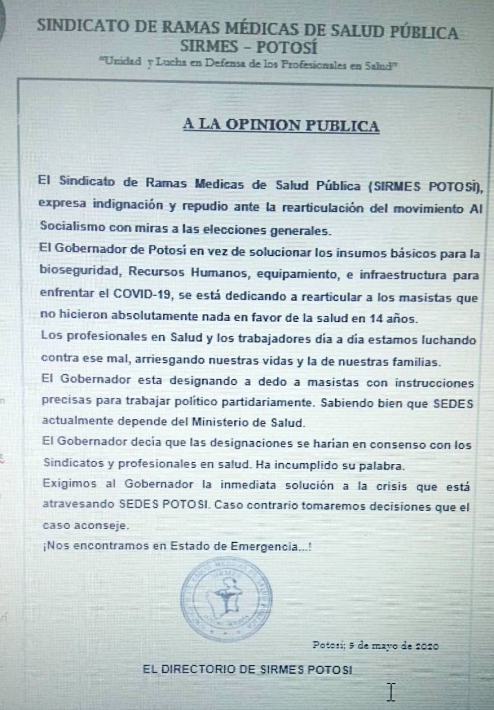 El Sirmes Potosí pide reunión para coordinar sobre la dirección de Sedes