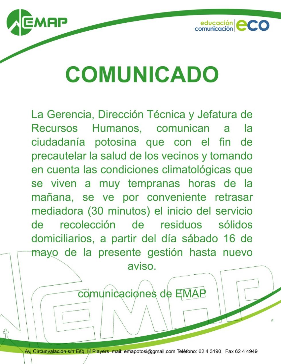 EMAP retrasa media hora inicio de recojo de basura por el frío