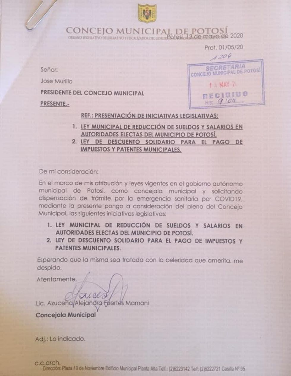 Concejala reitera solicitud de tratamiento de descuento impositivo en Potosí