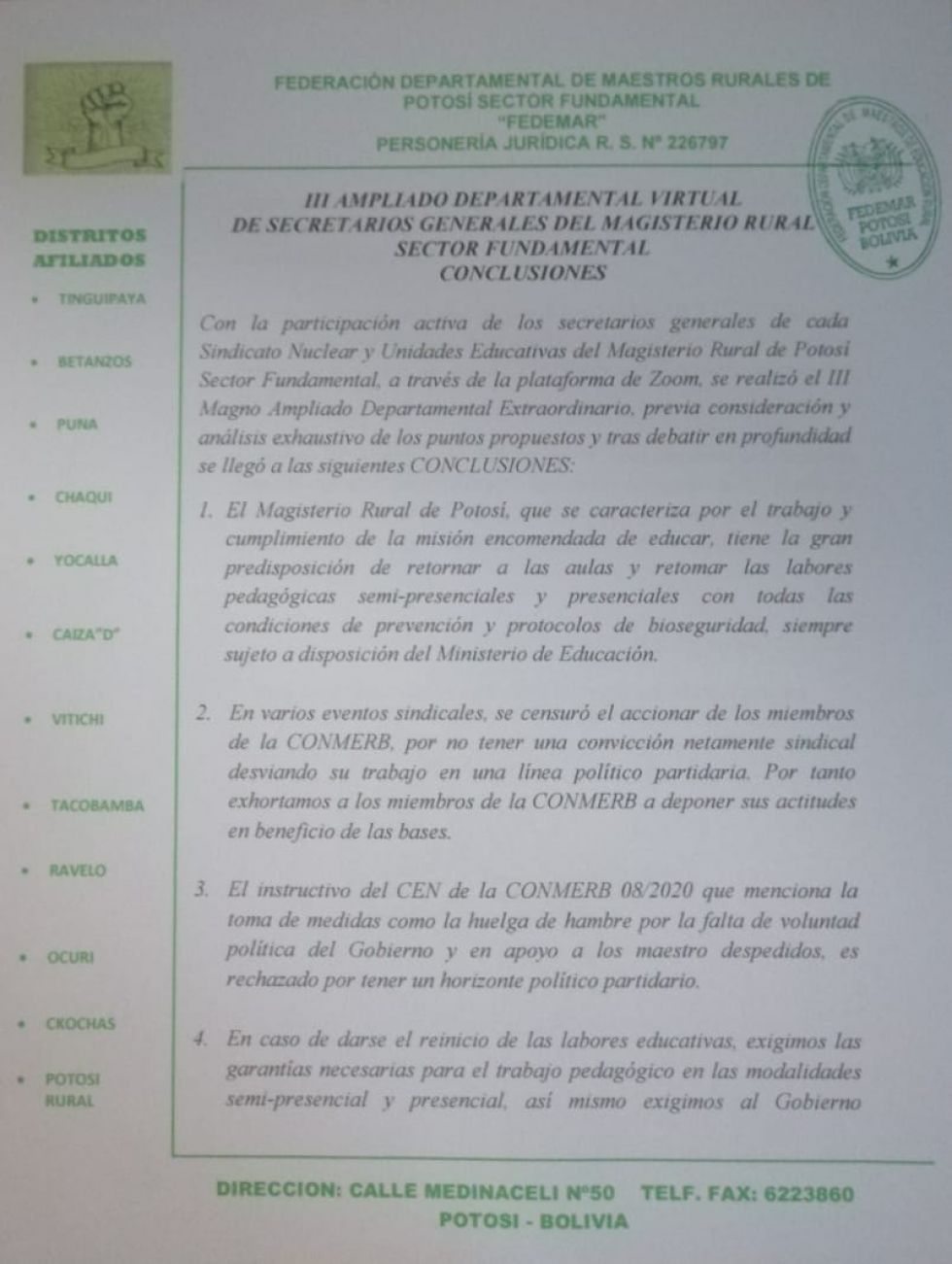 Magisterio rural de Potosí no ingresa este lunes en huelga de hambre