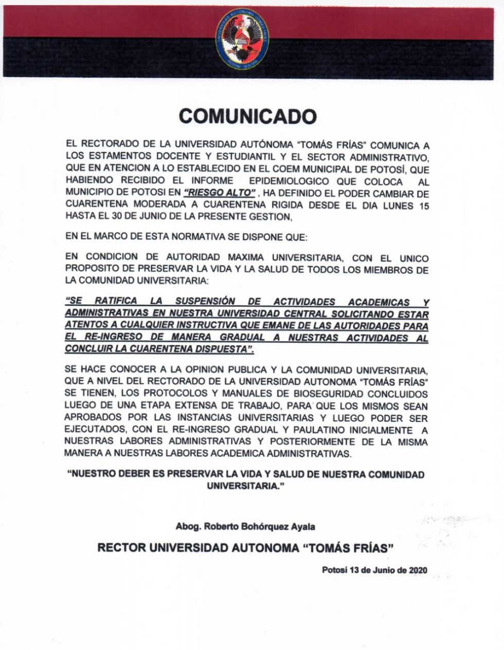 La UATF ratifica suspensión de actividades