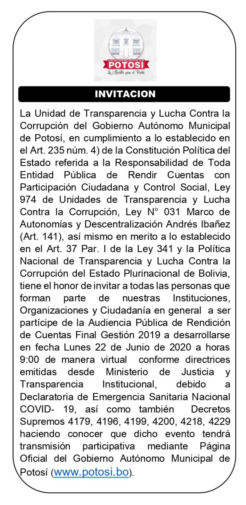 Convocan a rendición pública de cuentas para este lunes