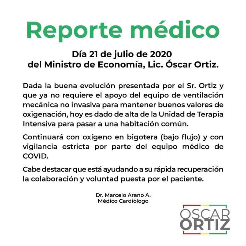Óscar Ortiz sale de la unidad de terapia intensiva