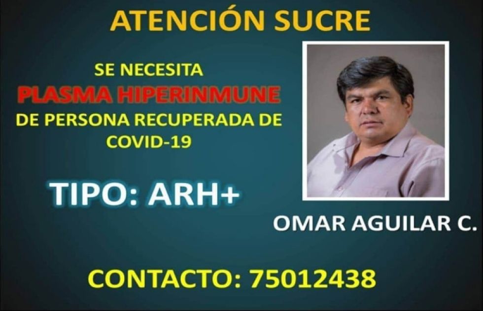 Buscan plasma hiperinmune para senador de Omar Aguilar en Sucre
