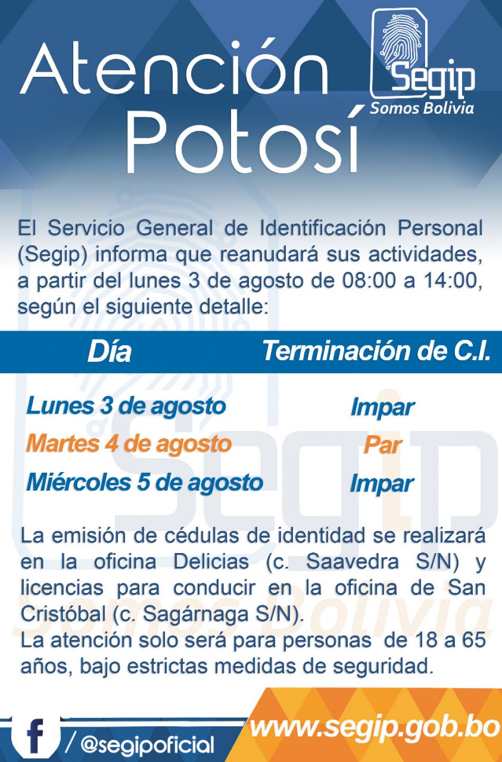 Segip Potosí atenderá desde el lunes hasta el miércoles