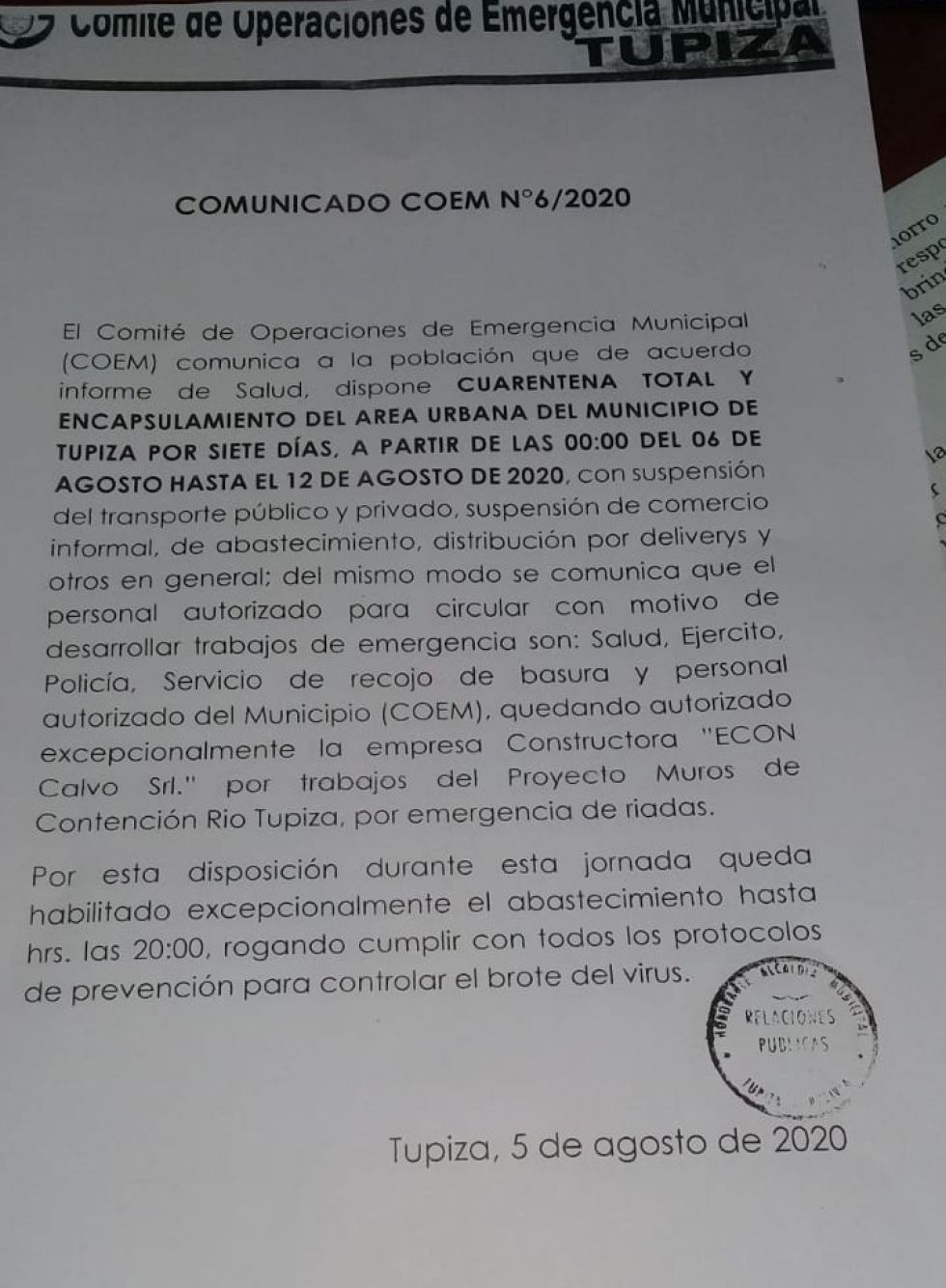 COEM Tupiza determina encapsulamiento del 6 al 12